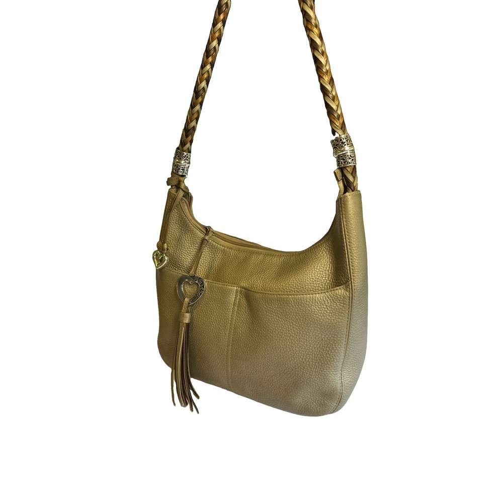 Brighton Barbados Pebbled Leather Hobo Purse Handbag Metallic Gold BraidedHandel